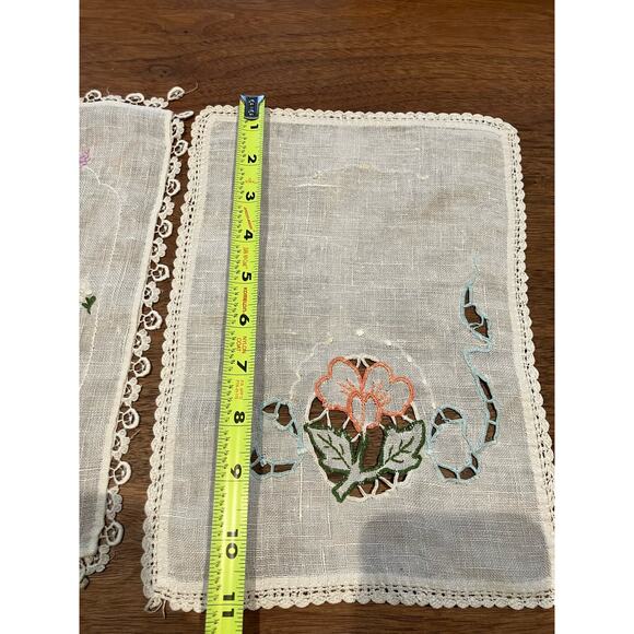 VTG Linen Hankie Set, Embroidered, Lace, Floral, Handmade, Beige, Decorative - Picture 6 of 8